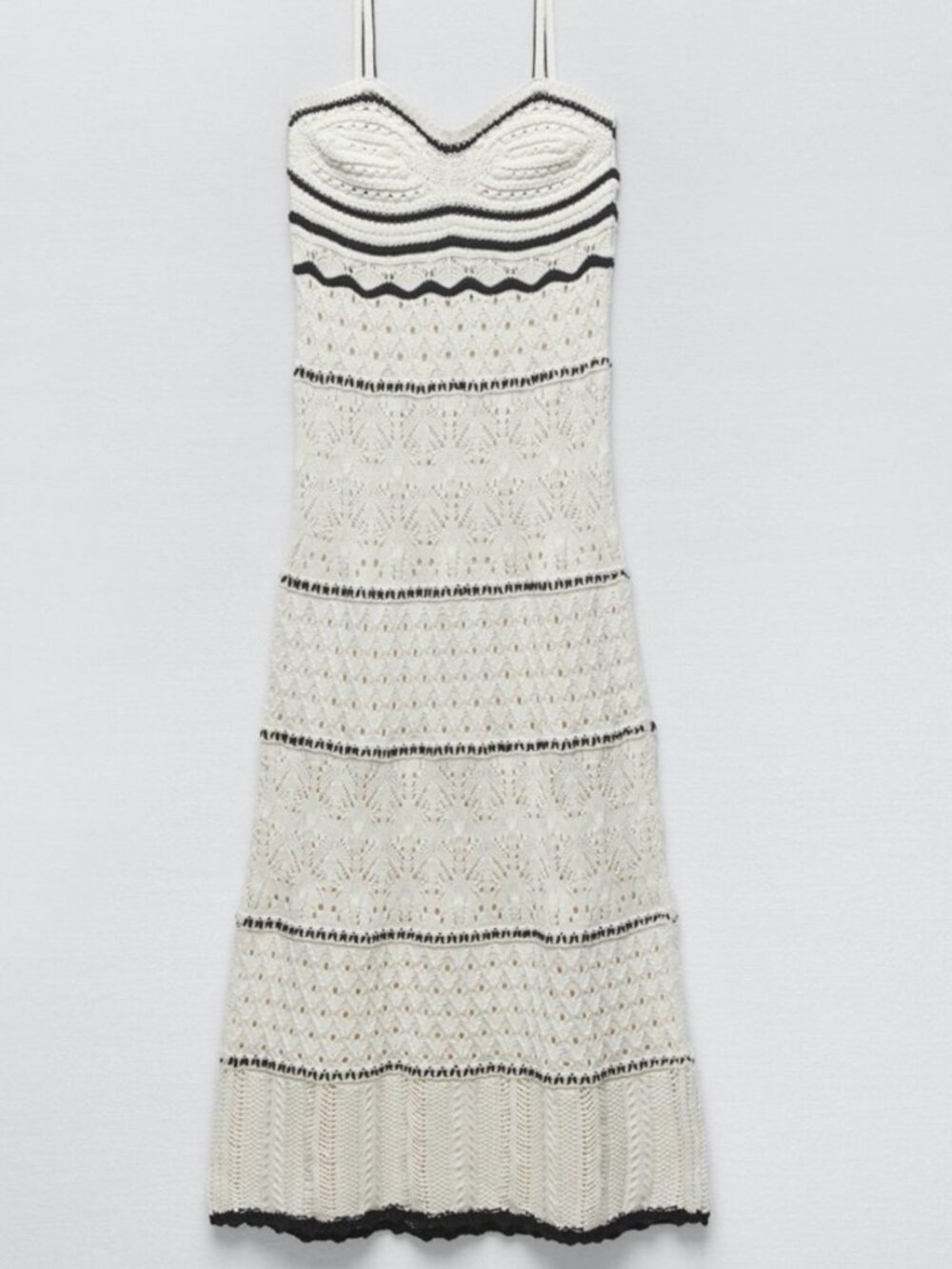 Zara Ivory Crochet Midi Dress with Black Trim - Size S